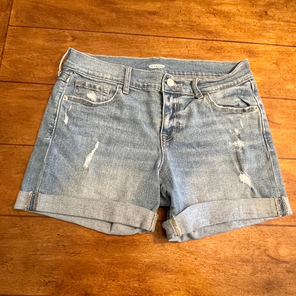 Old Navy Blue Denim Shorts Cuffed Lightwash Distressed Sz 6 1099-396